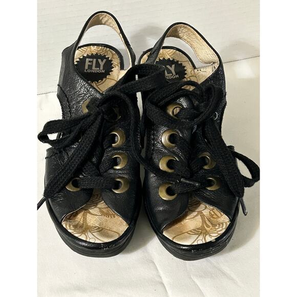 FLY London Black Leather Lace Up Wedge Sandals-YLVA Very Retro-Size 37 US 6.5/7 - Picture 2 of 6